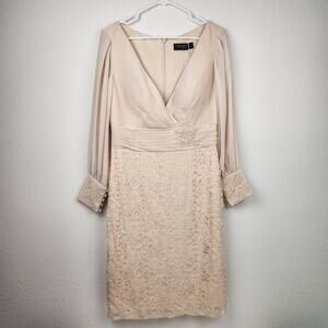 Linea Raffaelli Dress in Cream Size 10 Long Sleeve Faux Wrap V Neck Lace
